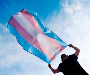 Persona con la bandera de orgullo trans